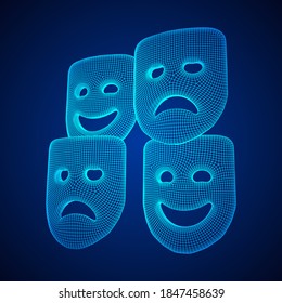 Theatrical masks tragedy and comedy character. Wireframe low poly mesh vector illustration.