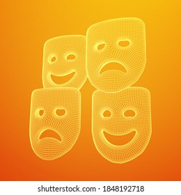 Theatrical masks tragedy and comedy character. Wireframe low poly mesh vector illustration.