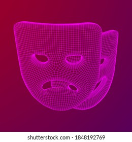Theatrical masks tragedy and comedy character. Wireframe low poly mesh vector illustration.