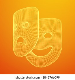 Theatrical masks tragedy and comedy character. Wireframe low poly mesh vector illustration.
