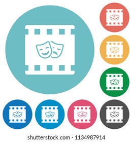 Theatrical movie flat white icons on round color backgrounds