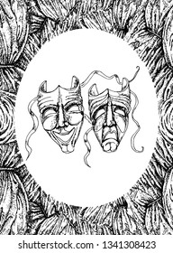 Theatrical oval frame.Theatre Masks.Comedy and tragedy vector icons. Engraving style. Victorian Era hand drawn illustration