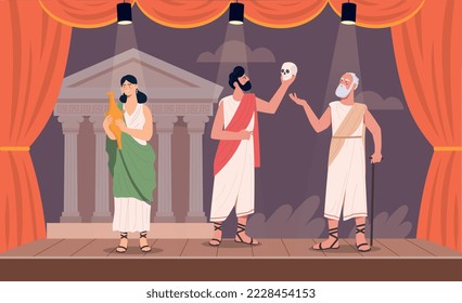 Theatrical perfomance concept. Men and woman in ancient Greek costumes show performance, artists on stage. Culture, art and creativity. Poster or banner for website. Cartoon flat vector illustration