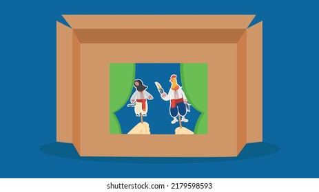 Theatrical performance in a box with a cock and a mouse on sticks