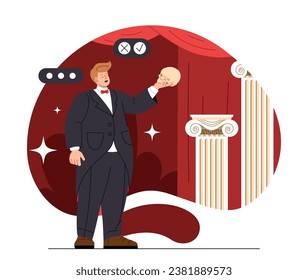 Theatrical performance concept. Man in suit with skull in hand. Creativity and art, cultural leisure. Young guy perform at scene. Cartoon flat vector illustration isolated on white background