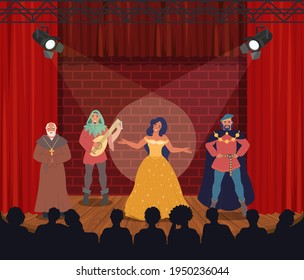 Theatrical performance. Group of actors performing on stage for audience, flat vector illustration. Theater interior with red curtains, spotlights. Comedy or drama. Entertainment. Theatre arts.