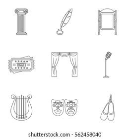 Theatrical performance icons set. Outline illustration of 9 theatrical performance vector icons for web