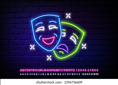 Theatrical performance neon sign. Glowing inscription with masks on brick wall background. Vector illustration can be used for festival, drama, performance