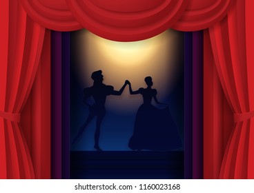 Theatrical performance poster banner template. Vector paper cut theater stage with red curtains, spotlight and actors silhouettes.