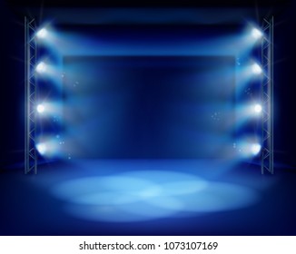 Theateraufführung. Stage mit den Scheinwerfern. Vektorgrafik.