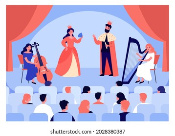 Theatrical performance, view from auditorium. Flat vector illustration. Spectators sitting in armchairs, watching musical with actors in costumes and musicians on stage. Theater, entertainment concept