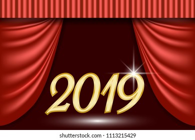 Theatrical scene background for 2019 new year greeting card. Theater curtain, lights garlands and searchlight beam