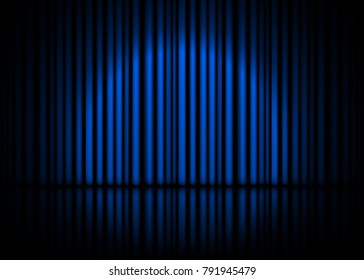 Theatrical scene with blue curtains and reflection. Stock vector illustration.