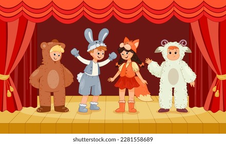 Theatrical scene with children. Boys and girl in animal costumes stand on stage against background of red curtain. School performance of small actors. Fun for kids. Cartoon flat vector illustration