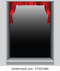 Theatrical scene with red curtains short. Vector illustration.