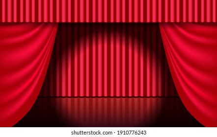 Theatrical scene. Red theater curtain and searchlight beam. Entertaiment scene background.