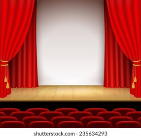 Theatrical scene with white a stand and red curtain