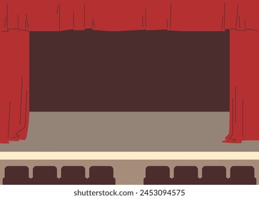 Theatrical scenery for stage performances. Vector background with red velvet curtains, auditorium chairs and a classic stage ready for opera or talent events