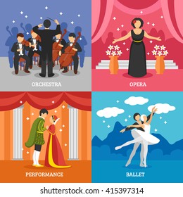 Theatrical Stage 2x2 Design Concept Set Of Dramatic Performance Ballet Opera And Symphonic Orchestra With Conductor Flat Vector Illustration