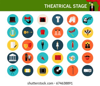 Theatrical stage concept flat icons. 