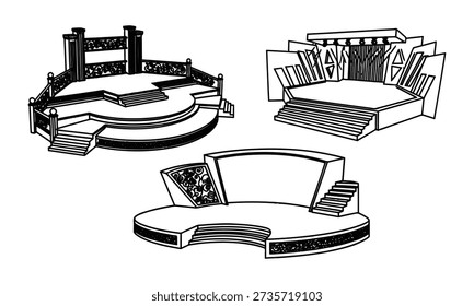 Theatrical stage designs with various platforms and staircase structures
