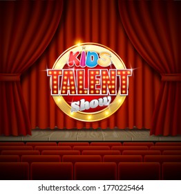 Theatrical Stage With Kids Talent Show Signboard On Red Velvet Curtain, Vector Realistic Illustration. Children Talent Show Tv Program Poster Banner Template.