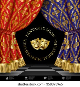 Theatrical template with blue and red vintage ornamental curtains, gold masks on black background and web icons.  Vector illustration
