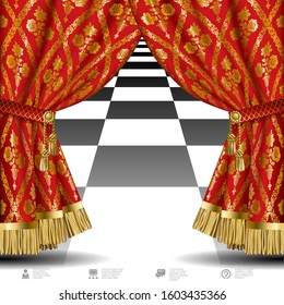 Theatrical template with red vintage ornamental curtains. Red drapes with gold vintage ornament on black background.  Vector illustration