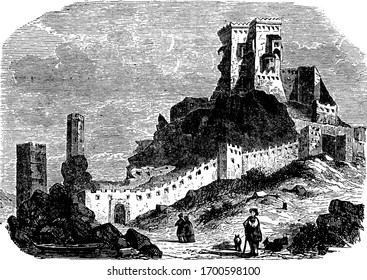 Thebes principal city of Baeotia, in ancient Greece, vintage engraving.