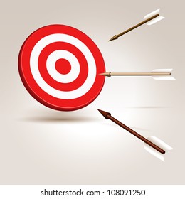 Thee arrows flying to hit hanging in space target