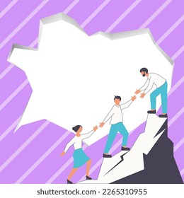 Thee Colleagues Climbing Upwards Mountain Reaching Success.White blank place for text on bright colored background. Partners Walking Up Peak Achieving Progress.