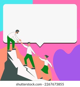 Thee Colleagues Climbing Upwards Mountain Reaching Success.White blank place for text on bright colored background. Partners Walking Up Peak Achieving Progress.