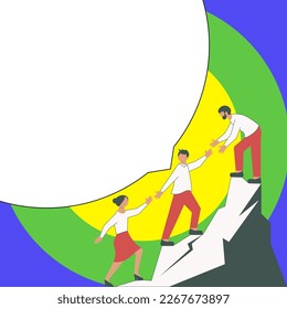 Thee Colleagues Climbing Upwards Mountain Reaching Success.White blank place for text on bright colored background. Partners Walking Up Peak Achieving Progress.