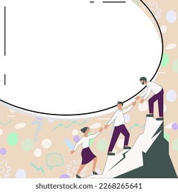 Thee Colleagues Climbing Upwards Mountain Reaching Success.White blank place for text on bright colored background. Partners Walking Up Peak Achieving Progress.