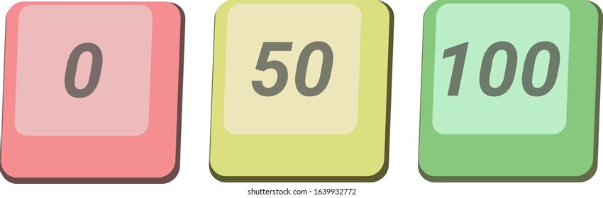 Thee computer keyboard buttons illustrating progress. Good for motivational presentations. Numbers 0, 50, 100. Three different color, yellow, red and green. 