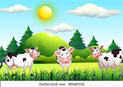 Thee cows standing in the farmyard illustration