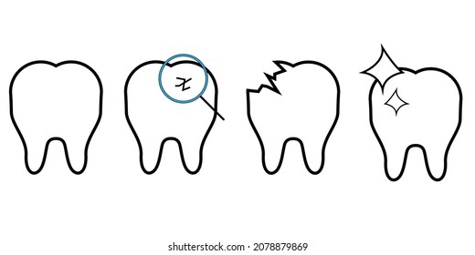 Theeth vector set. Caries, 
broken tooth, perfect tooth, healthy tooth.
