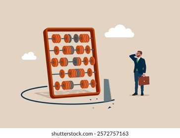 Theft of abacus for calculations. Thief sawing the floor to make economy falling down. Financial accounting fraud. Modern vector illustration in flat style