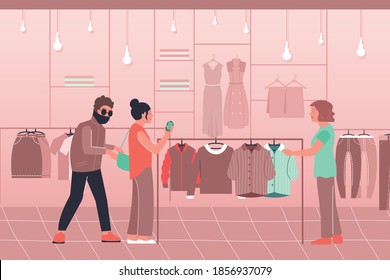 Theft bag flat composition with indoor view of clothing shop woman choosing shirt and criminal character vector illustration