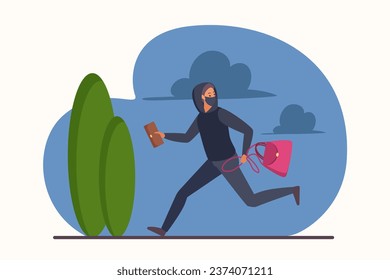 Theft of bag and wallet by thief, robbery vector illustration. Cartoon male robber character running and stealing, bandit in disguise mask or shoplifter holding stolen property or money to steal