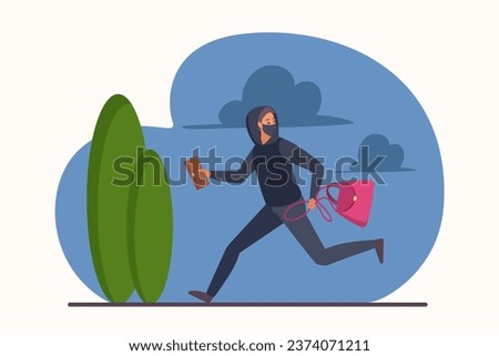 Theft of bag and wallet by thief, robbery vector illustration. Cartoon male robber character running and stealing, bandit in disguise mask or shoplifter holding stolen property or money to steal