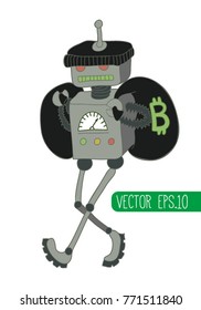 theft of bitcoin. the cryptocurrency. the vulnerability of electronic payment system. illustration vector. robot robber. hacker attack.