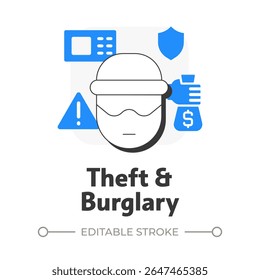 Theft and burglary flat outline concept icon. Physical security threat and risk. Illegal removal of personal property. Modern line illustration with blue glyphs. Conceptual visual. Easy to edit
