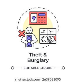 Theft and burglary multi color concept icon. Physical security threat and risk. Illegal removal of property. Round shape line illustration. Abstract idea. Graphic design. Easy to use in booklet