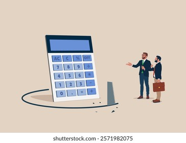 Theft of calculator. Thief sawing the floor to make economy falling down. Financial accounting fraud. Modern vector illustration in flat style