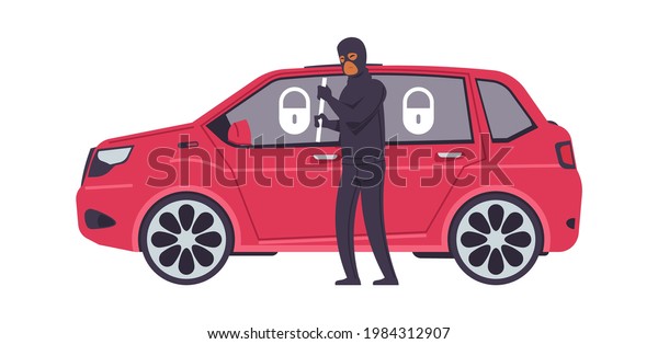 Theft\
car. Cartoon robber breaks automobile door. Criminal steals\
transport. Bandit and red closed vehicle with anti-theft alarm.\
Vector machine security and auto stealing\
insurance