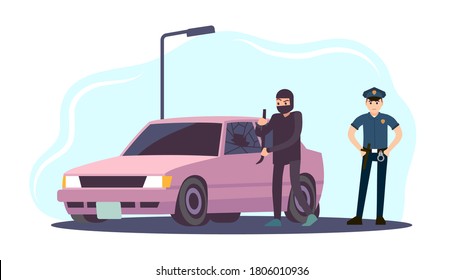 Theft of car. Thieves in black mask take apart car and policeman in uniform, criminal steals auto crime damage destruction of another property, security system concept cartoon flat vector illustration