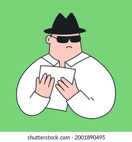 Theft of confidential information, spying, and hiding of important materials. Cute cartoon spy in a hat hides documents from the public. Cute elegant editable vector illustration.