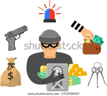 Theft Crime and Punishment Concept with Flat Icons for Flyer, Poster, Web Site like Thief, Money, Gun, lock pick, bag of money, handcuffs, prison, prisoner.