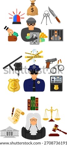 Theft Crime and Punishment Horizontal Banners with Flat Icons Thief, Policeman and Judge. Vector illustration